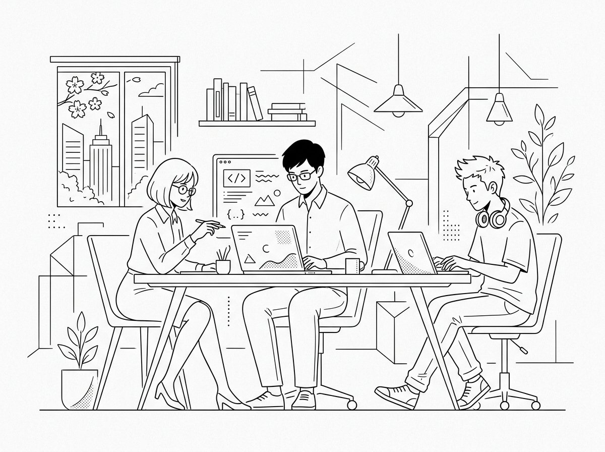 中小企業で協力しながら働く社員たちの抽象化イラスト